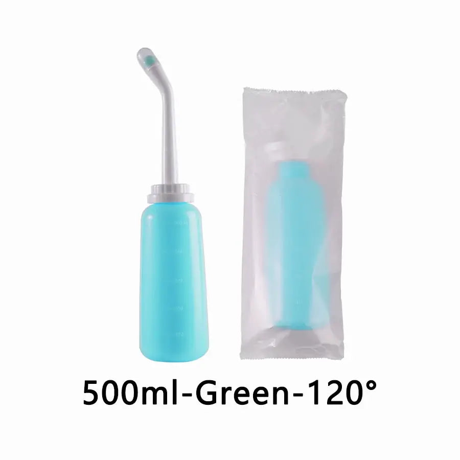 500ml portable bidet spray by Simples Market; turquoise bottle with curved gray nozzle and included pouch.