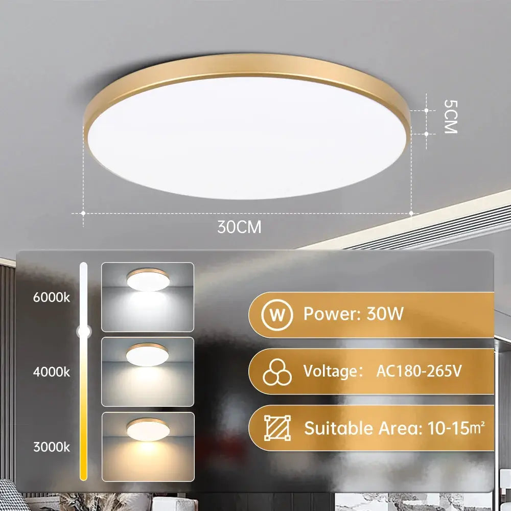 Golden LED Ceiling Lamp, 30W, 180–265V, 30cm diameter, 3000–6000K, Simples Market