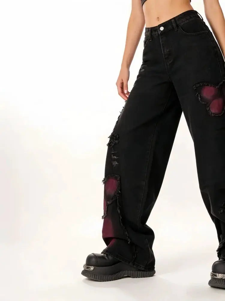 Womens Baggy Butterfly Jeans Vintage 90s Harajuku Denim Trousers