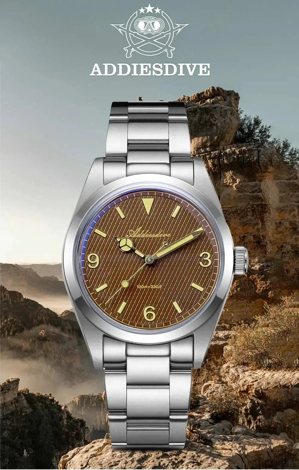 ADDIESDIVE men's analog watch with stainless steel bracelet and brown striped dial, luminous hands, 100m water resistant.