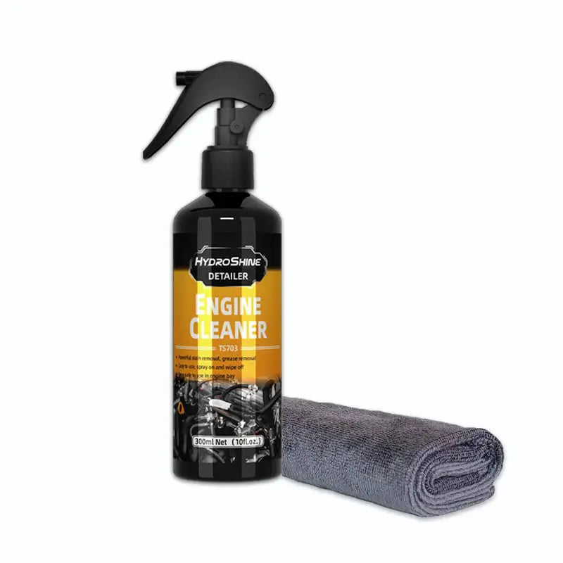 HydroShine engine cleaner spray bottle by Simples Market with orange label and gray microfiber towel.