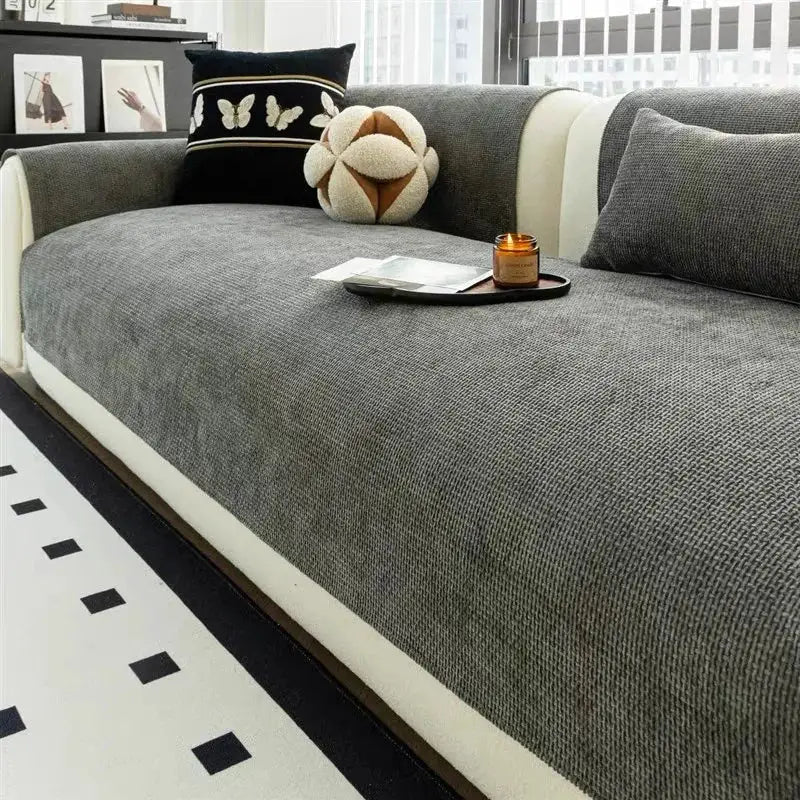 Gray minimalist solid-weave jacquard anti-slip sofa cover for all-season living room couch