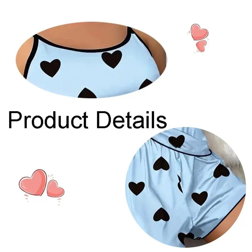 DreamWeave Ice Silk T Shirt And Shorts Pajama Set For Women Pink Heart Print Cozy Summer Comfort