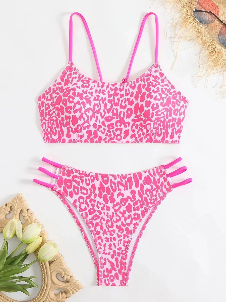 Pink leopard-print 2-piece bikini set with padded top and strappy high-cut bottoms