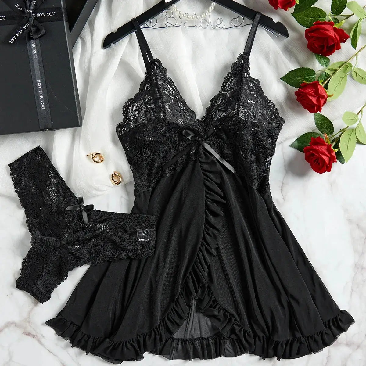 DreamLace 2 Piece Lace Nightgown Set With V Neck Bra And Panty Transparent Split Design For Summer Comfort