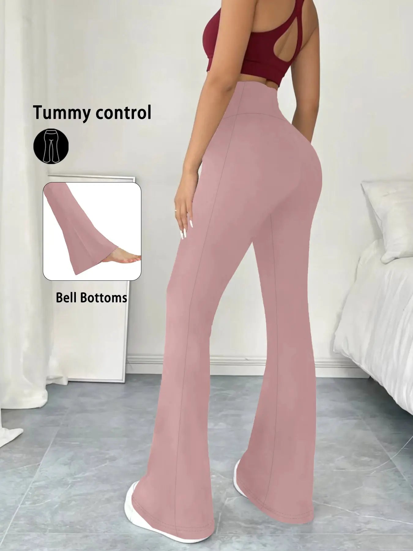 Women's rose-pink high-waisted tummy-control flare yoga pants with bell bottoms
