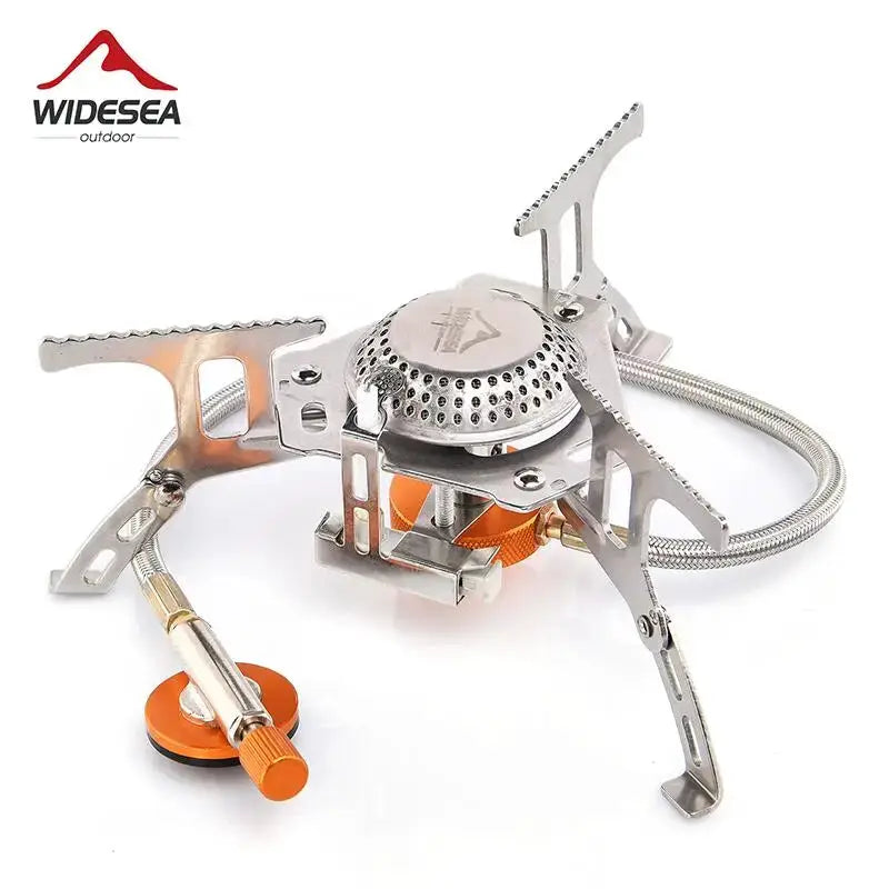 Widesea outdoor camping gas stove with fold-out legs, perforated burner head, and orange regulator hose