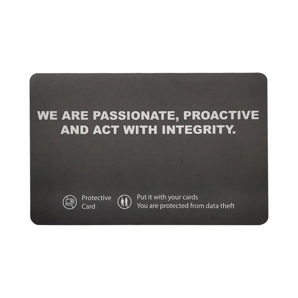 RFID blocking card set; ultra-thin dark gray cards (5-pack) with white text and icons