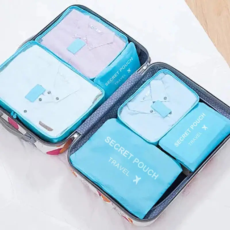 VoyagePro 6 Piece Travel Storage Bag Set Large Capacity Waterproof Luggage Organizers With Zipper Pink Blue Grey