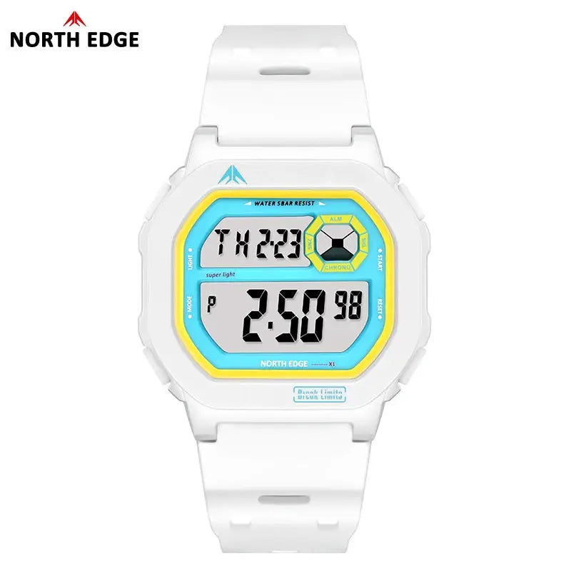 North Edge X1 square-screen digital sports watch, white strap with blue and yellow face accents, 50m water resistant