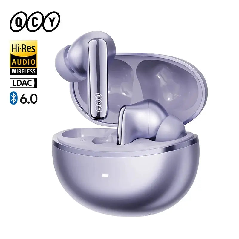 QCY MeloBuds N70 wireless earbuds in lavender with charging case, Bluetooth 6.0 and Hi-Res LDAC.