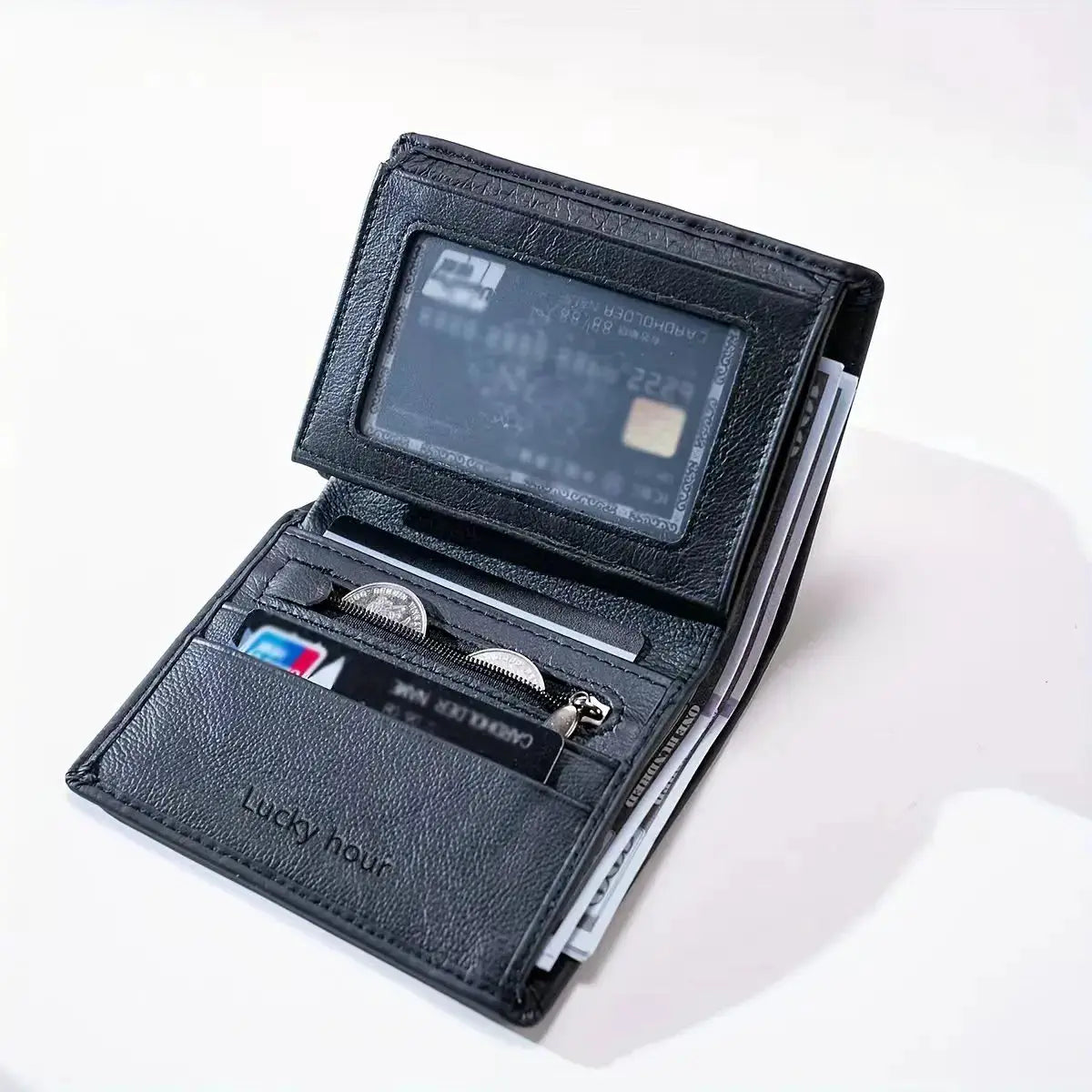 Simples Market black genuine leather multi-card wallet with transparent ID window and card slots