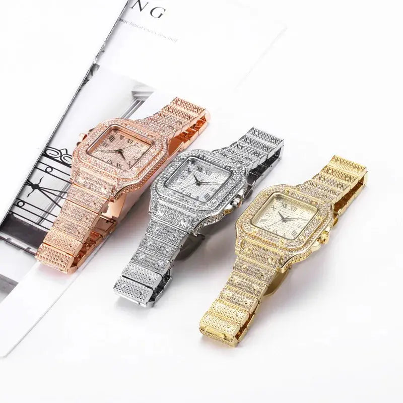 Luxury diamond watches by Simples Market; trio in rose gold, silver, and gold-tone jeweled bracelet styles.