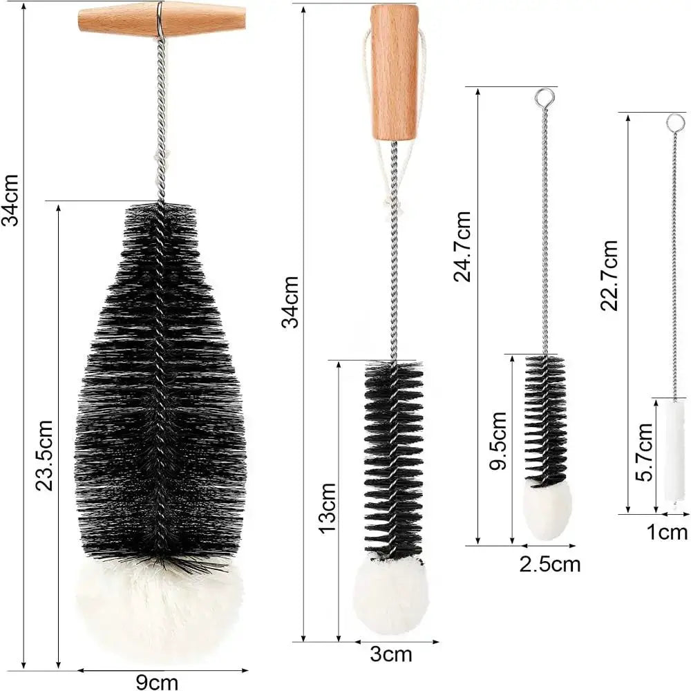 4-piece bottle brush set with beechwood handles for glassware and jars; black bristle brushes