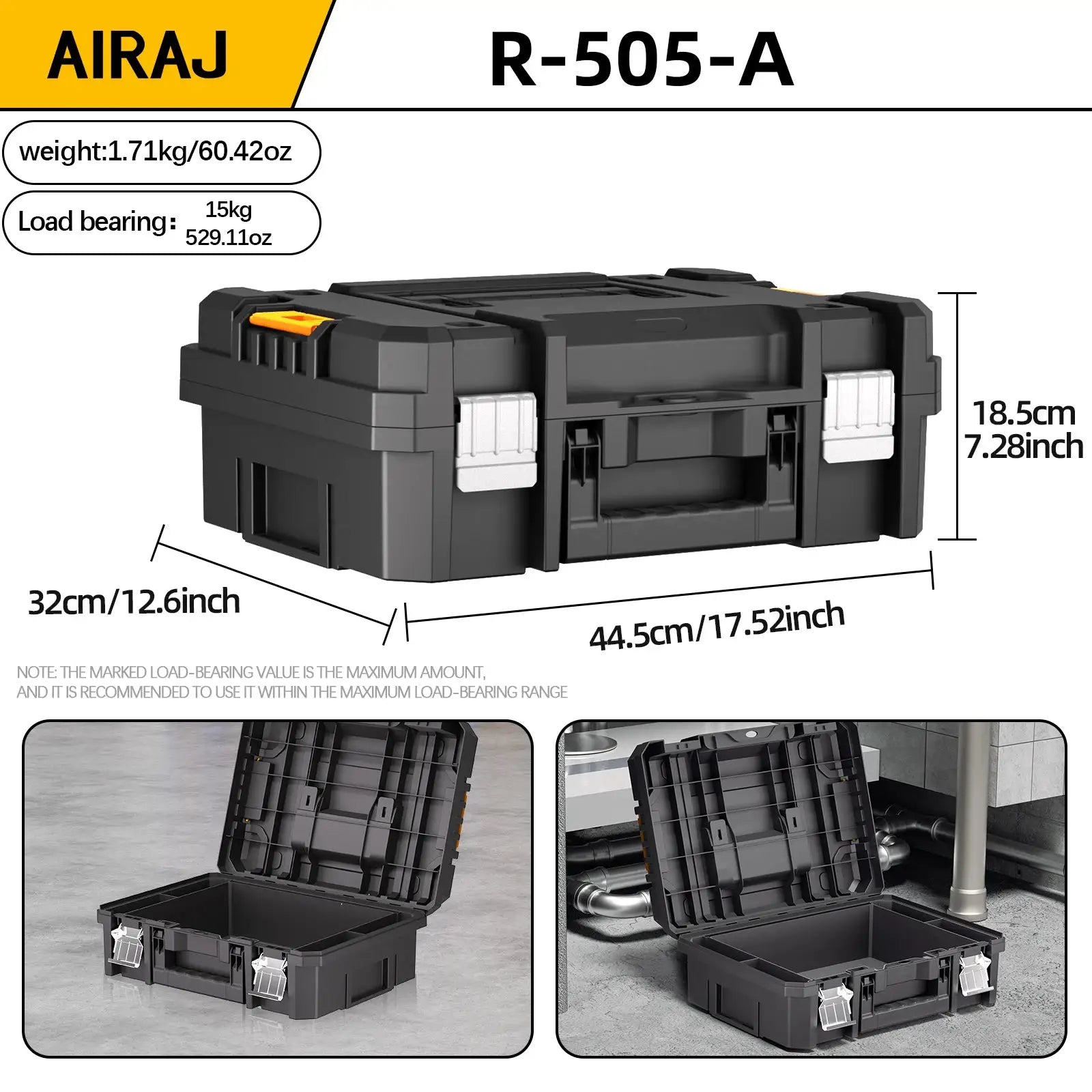 AIRAJ stackable modular toolbox set; black plastic case with silver latches