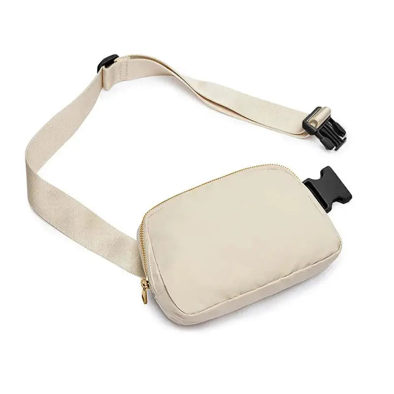 Beige waist bag with zipper pocket and adjustable strap for travel and everyday use