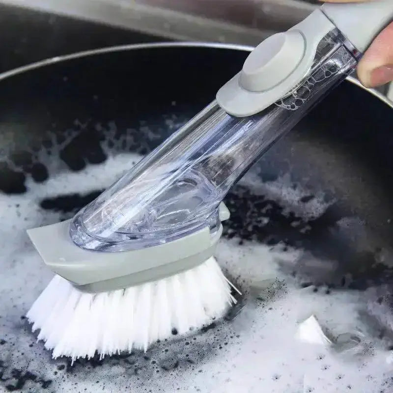 2 In 1 Kitchen Cleaning Brush With Long Handle And Removable Sponge Dispenser For Dishes Pots Pans And Stovetops