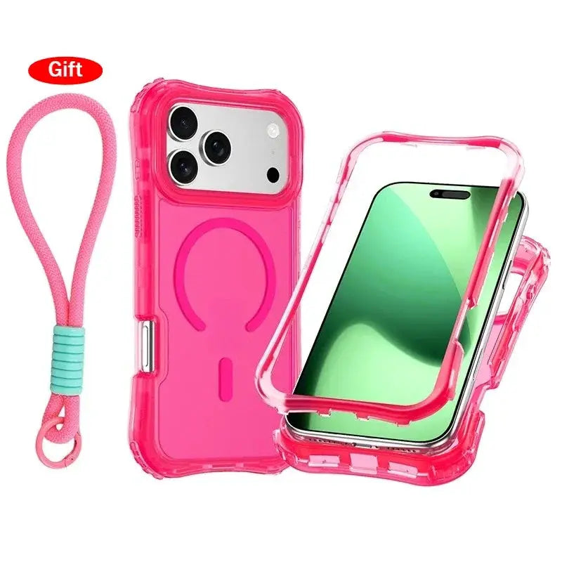 Armor 3IN1 PC+TPU clear magnetic case for iPhone 17 Pro Max with pink bumper and wrist strap, Simples Market