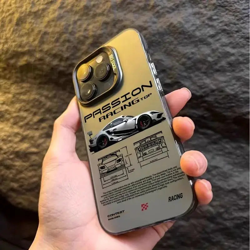 Phone case for iPhone models; Simples Market racing style hard shell with silver finish and car blueprint graphics