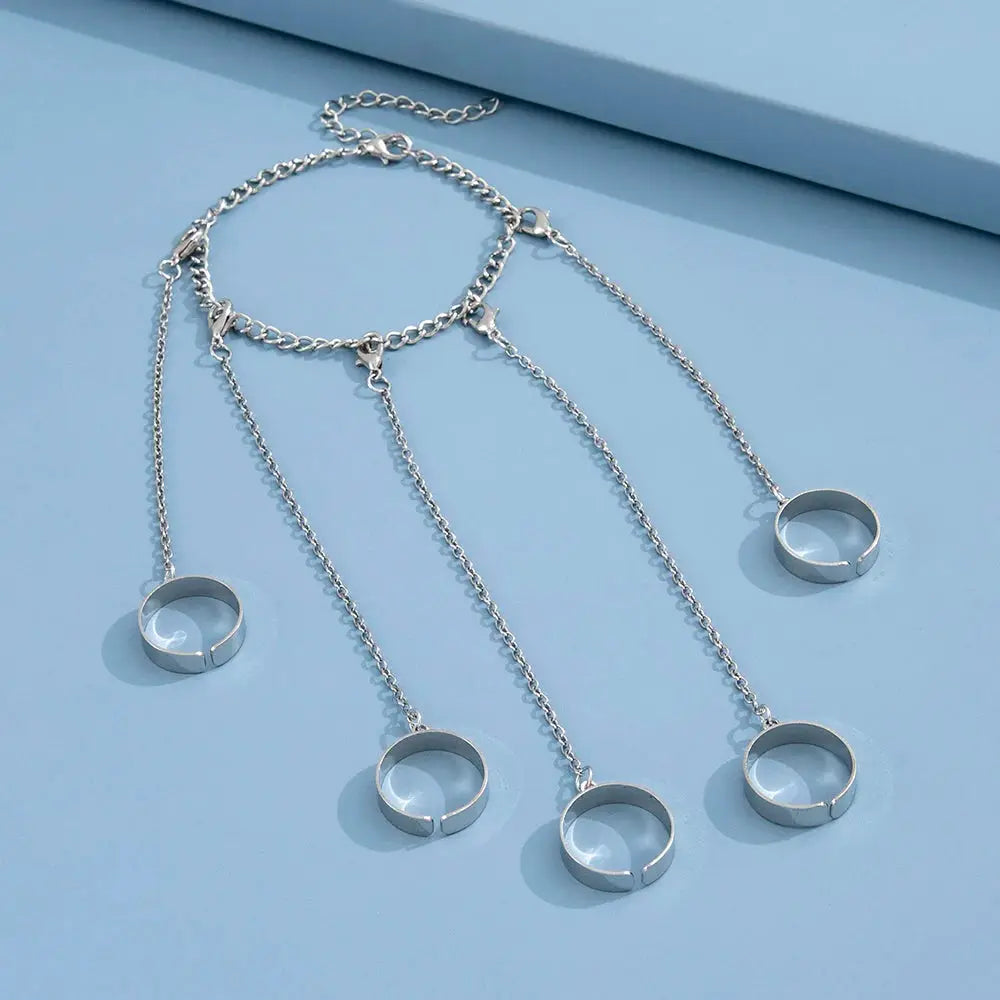 Ins Style Hip Hop Punk Silver Tone Five Finger Connected Mitten Ring and Bracelet for Women Daily Wear or Party