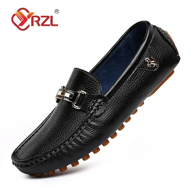Men's black PU leather loafer by YRZL, metal horsebit detail, slip-on driving moccasin