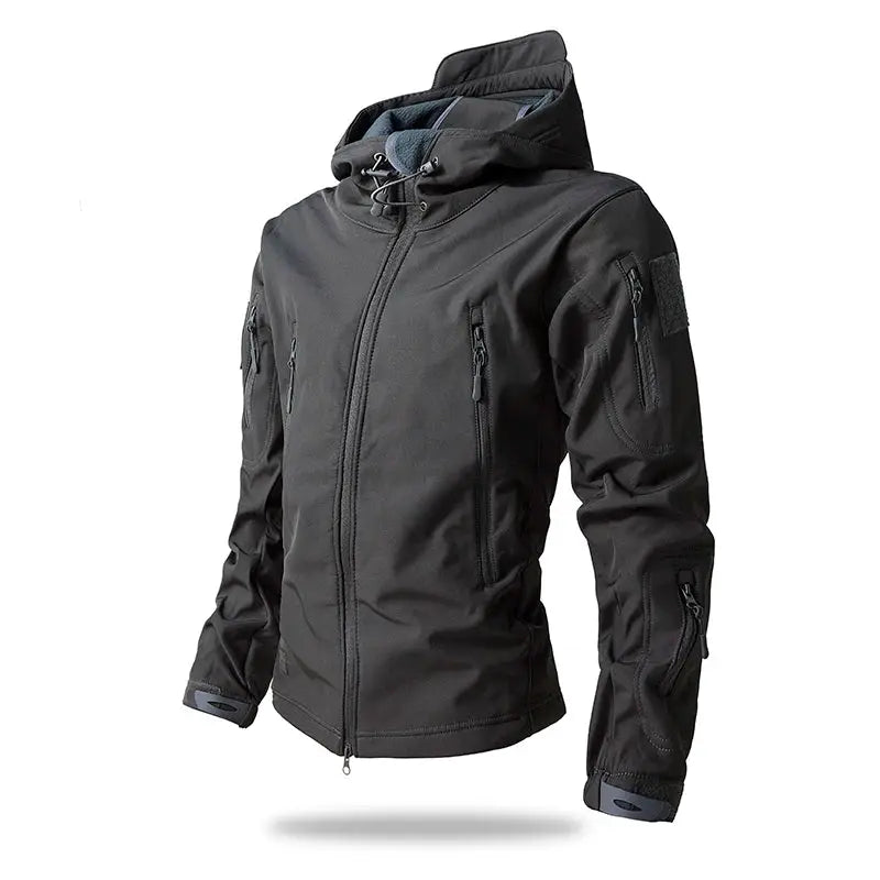 Lurker Shark Skin soft shell tactical jacket for men, black waterproof hooded coat with multiple zip pockets