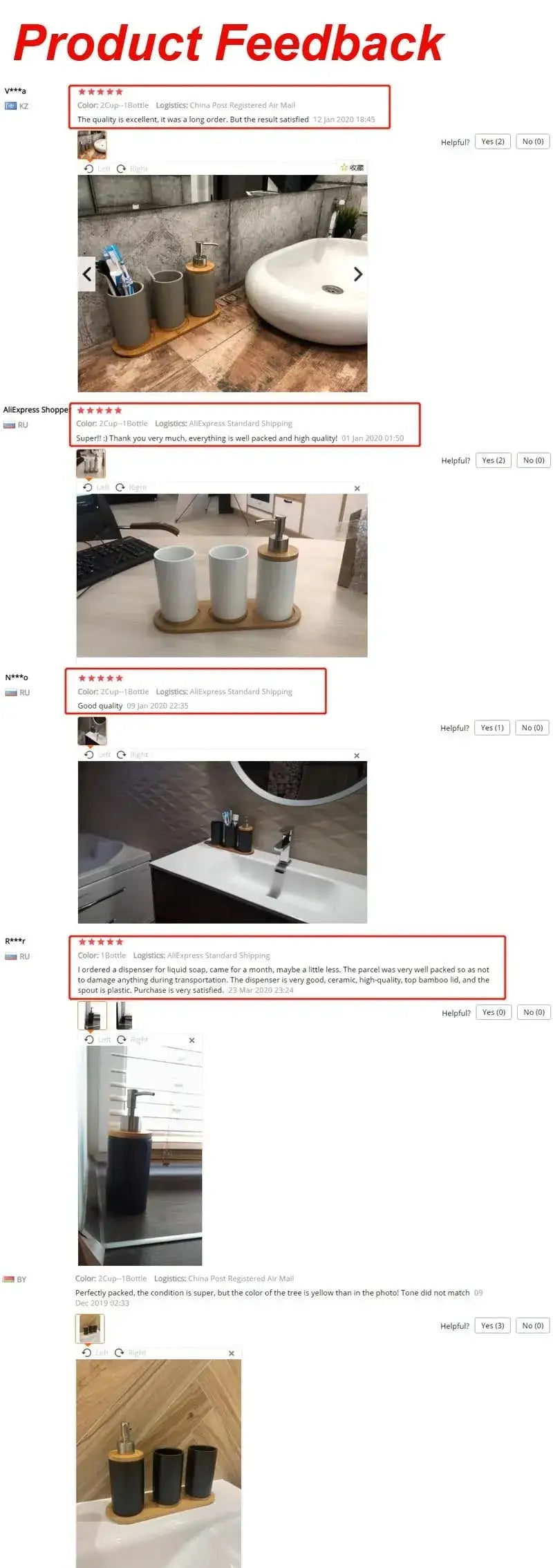 Ceramic bathroom accessories set by Simples Market; soap dispenser, toothbrush holder, and tumbler on a wooden tray.