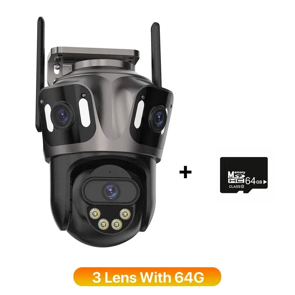 Three-lens outdoor 4K WiFi IP camera with PTZ, AI human detection, IP66 waterproof, includes 64GB microSD card