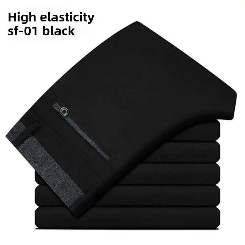 Five black men's elastic-waist dress pants, wrinkle-resistant, slim-fit office trousers