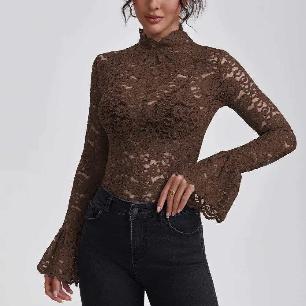 Anfilia brown lace blouse with turtleneck and flared long sleeves, crochet hollow-out detail