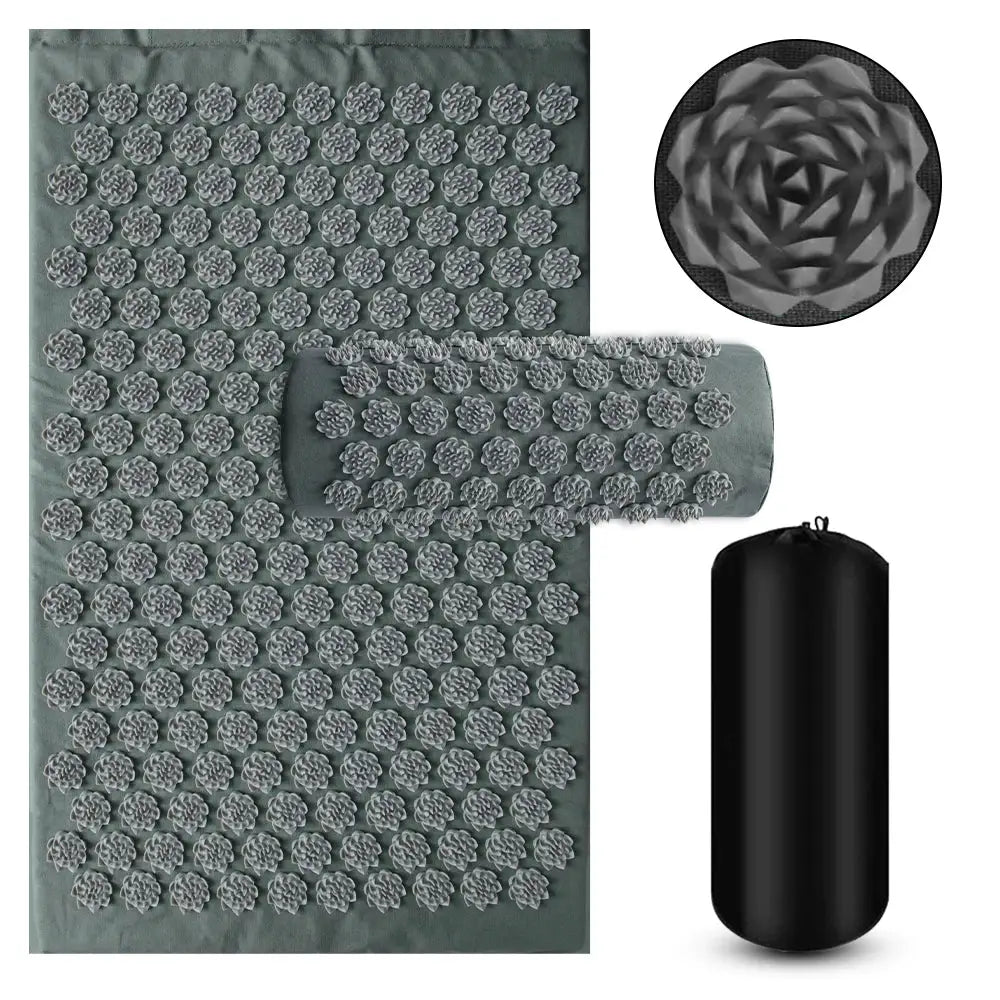 Three-piece acupressure mat set with spike pillow bolster and carry bag in teal by Simples Market