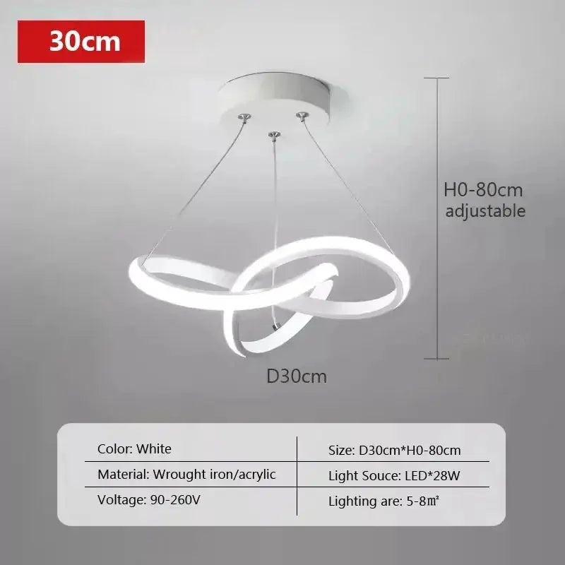 Nordic LED ceiling pendant lamp, white loop design, 30cm diameter, adjustable height 0–80cm