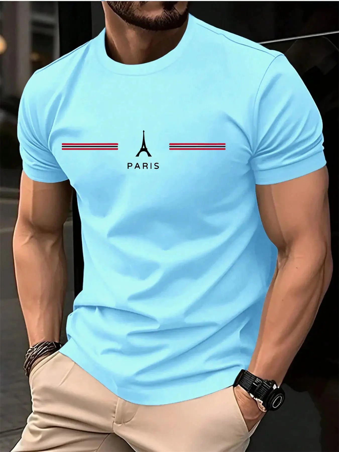 Men's 100 Percent Pure Cotton Summer Loose Oversized Casual T Shirt With Paris Letter Print Round Neck Short Sleeves