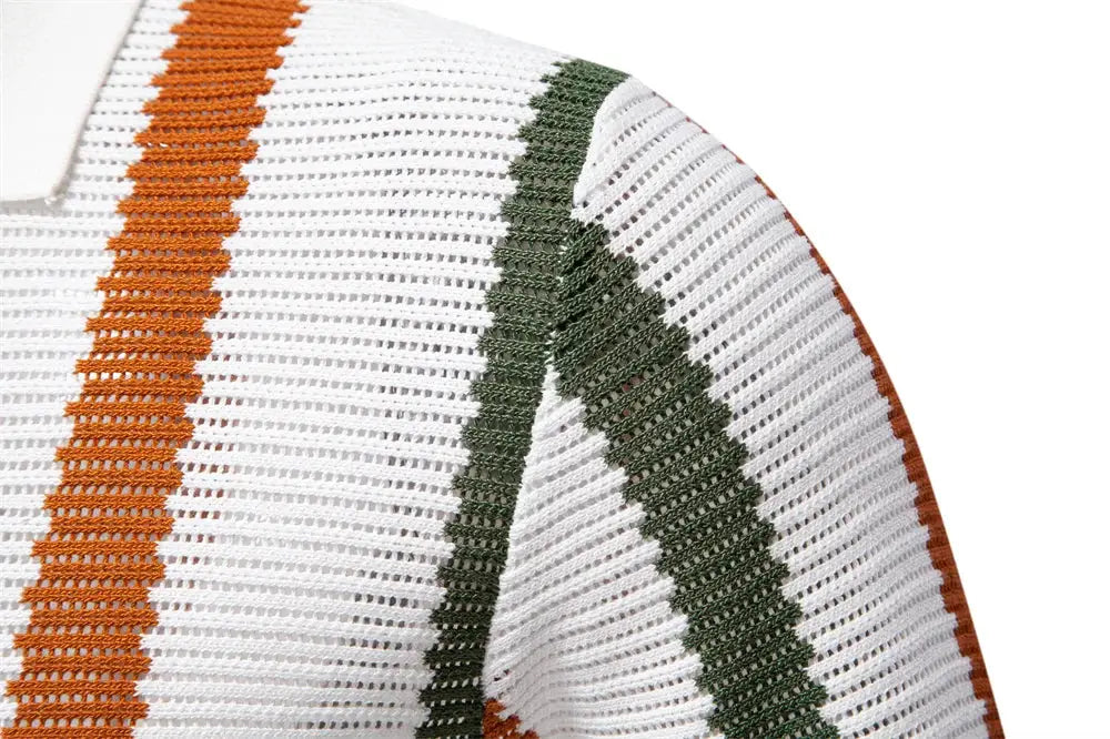 AIOPESON men's ribbed knit polo shirt; white with orange and green stripes, breathable, comfortable collar.