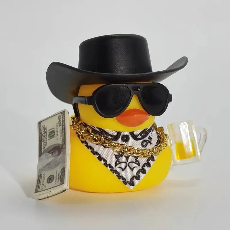 Cowboy rubber duck car ornament, yellow duck with black hat, sunglasses, bandana and gold chain