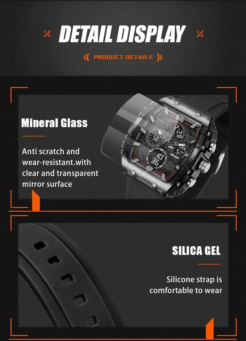 SMAEL 8109 men's square sport watch with black silicone strap and mineral glass