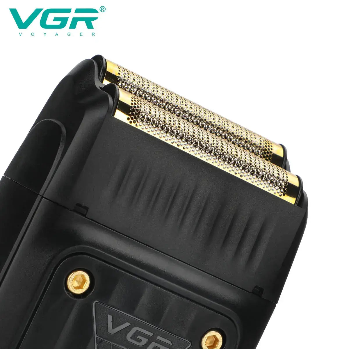 VGR 363 electric shaver with dual gold foil blades on black body; rechargeable beard trimmer