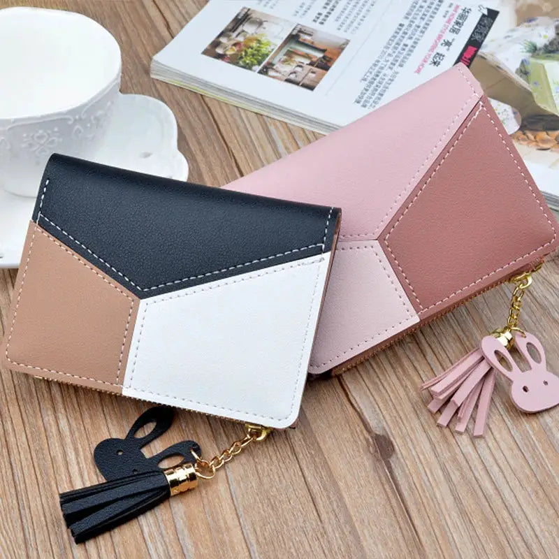 PU leather fashion wallets with color-block panels and tassel charms, 2-pack