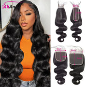 Body Wave 2x6 HD lace closure human hair by Simples Market; two bundles with 4x4/5x5 closures, preplucked with baby hair.