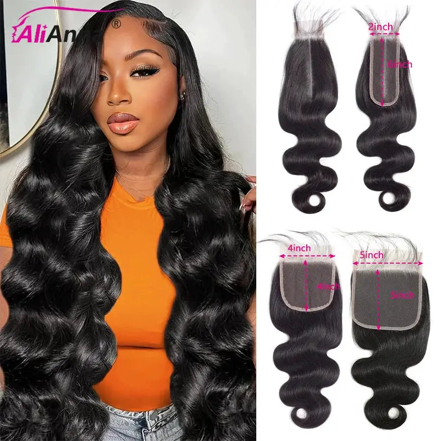 Body Wave 2x6 HD lace closure human hair by Simples Market; two bundles with 4x4/5x5 closures, preplucked with baby hair.