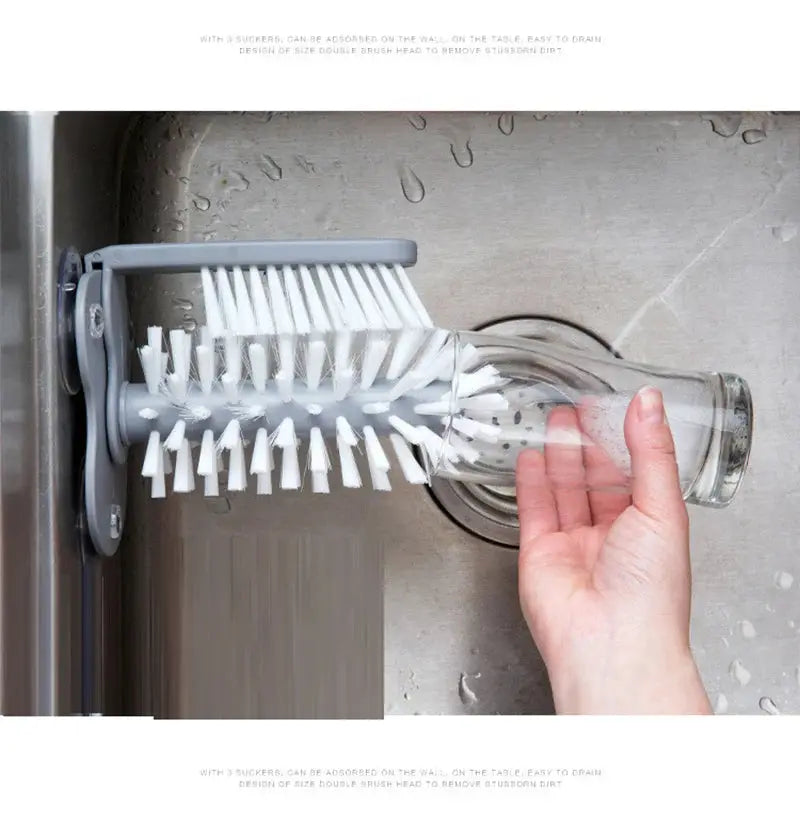 2-in-1 cup scrubber with suction cup and bottle brush, gray base, white bristles