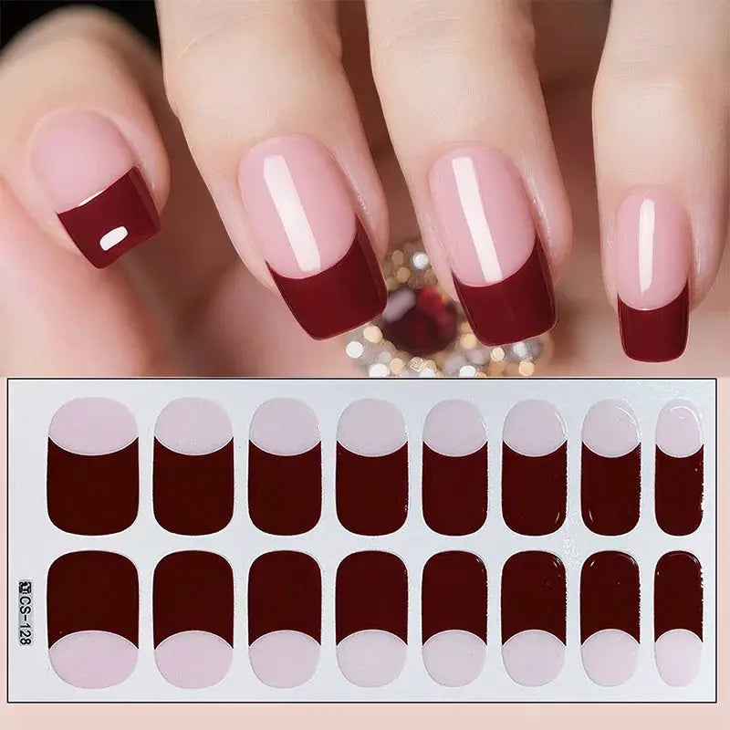 Full cover nail stickers by Simples Market; burgundy and pale pink two-tone design, self-adhesive manicure sheet