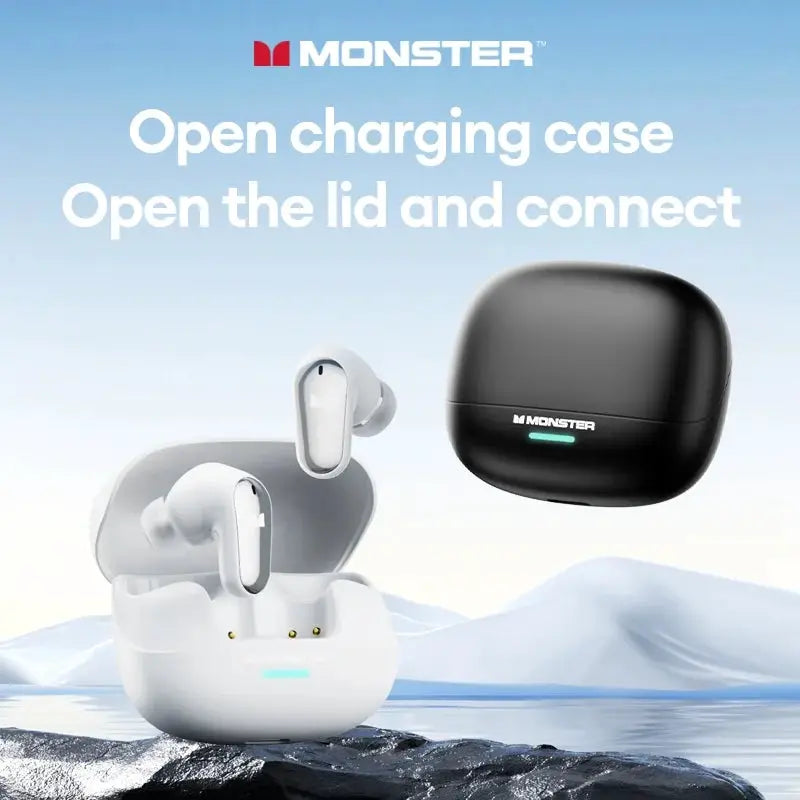 Monster MQT52 TWS wireless gaming earbuds with charging case; white earbuds (two) and a black Monster-branded case