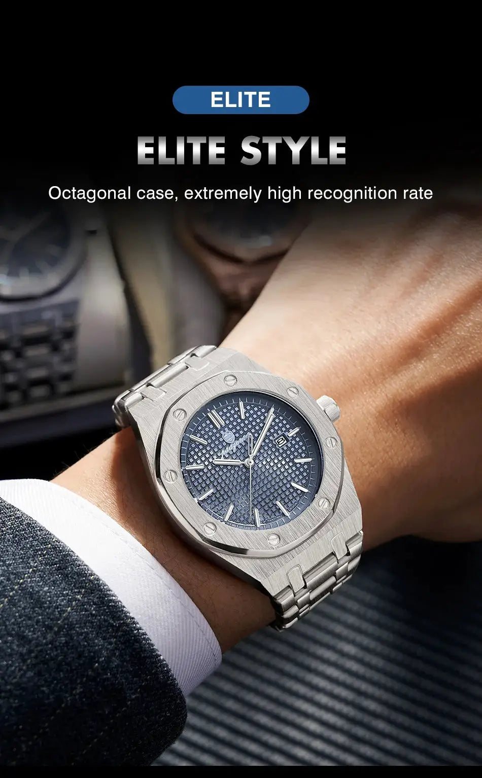 Simples Market PAAZOMU luxury octagonal watch, stainless steel with blue textured dial and date window
