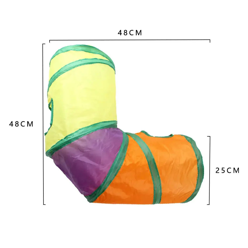 Foldable cat tunnel toy by Simples Market in yellow, purple, and orange with green trim
