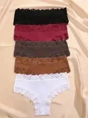 Simples Market 5-pack women’s cotton panties with floral lace patchwork briefs in black, pink, gray, brown, and white