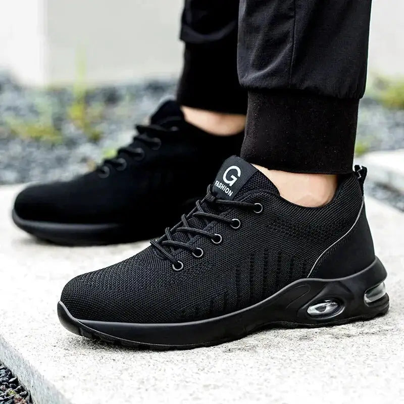 Air cushion work safety shoes, black breathable mesh sneakers with steel toe and cushioned air sole