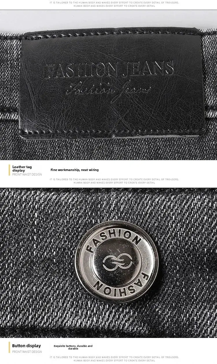 Men's winter-warm denim jeans, slim straight fit with elastic waistband; metal button and leather patch detail