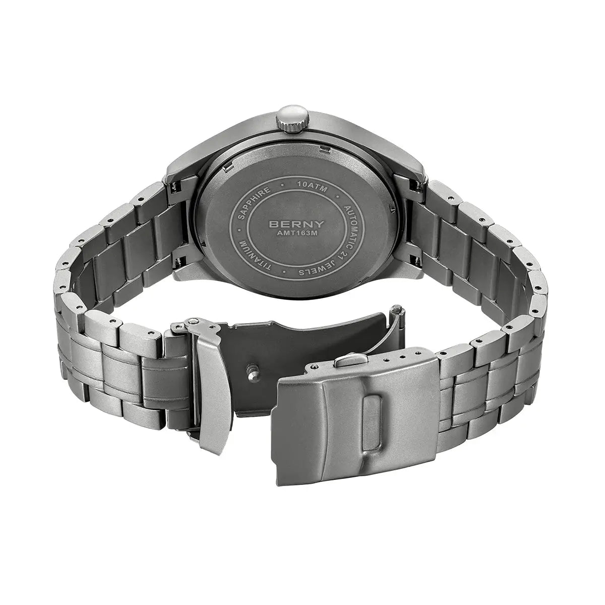 BERNY automatic titanium men's watch with metal bracelet; back view shows BERNY logo and sapphire 10ATM