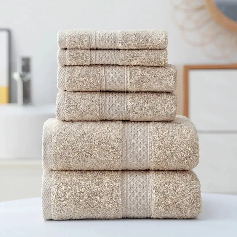 Beige cotton towel set, 3 pieces (bath, hand, washcloths), ultra-soft and highly absorbent